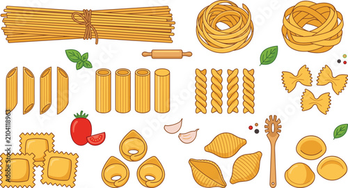 Fotografie Italian Pasta Variety Collection with Spaghetti Penne Rigatoni Fusilli Farfalle