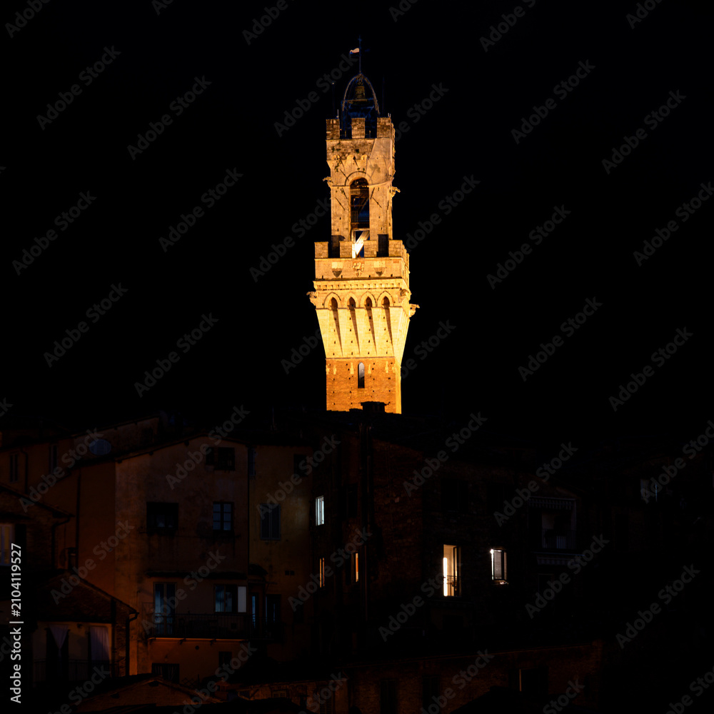 Obraz premium The iconic Torre del Mangia, which towers over the Palazzo Pubblico in the Piazza del Campo in Siena, Italy, Nightview