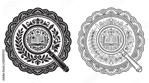 Konstfotografi silhouette with line art vector icon of stamp and magnifying glass