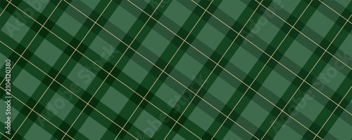 Christmas rhombus seamless pattern. Xmas plaid texture with gold line and stars. Green argyle geometric diamond abstract pattern. Christmas wrapping. Vector illustration isolated on green background.