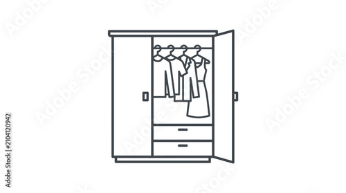 Open wardrobe with clothes on hangers and drawers