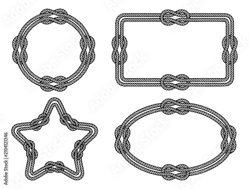 Outline icon set of rope frames featuring circle, rectangle, star and oval shapes with nautical knots for marine design