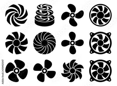 Silhouette icon set of fan and propeller symbols featuring turbine blades, cooling fans and impeller designs for mechanical and industrial use