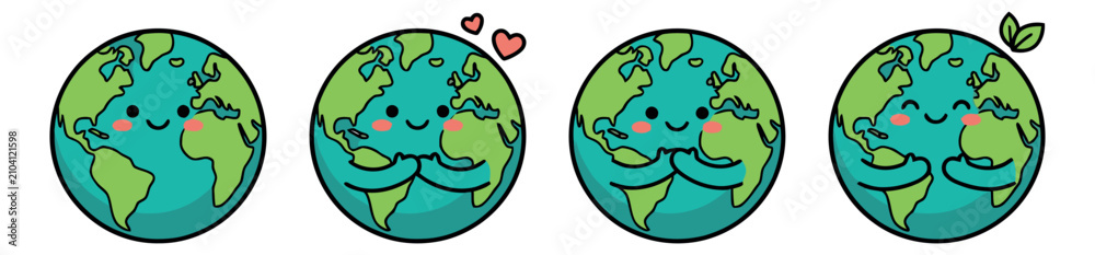 Fototapeta premium Cartoon icon set of 4 cute earth characters featuring hugging smiling globes and love hearts for environmental design