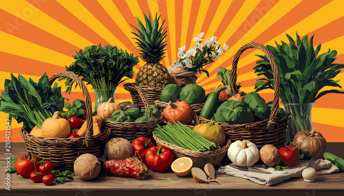 Fotografie A vibrant and abundant display of fresh, colorful fruits and vegetables artfully arranged in rustic baskets on a wooden surface, set against a striking orange and yellow sunburst background