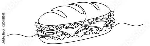 Continuous line art illustration of a submarine sandwich depicting layered ingredients for food and restaurant design