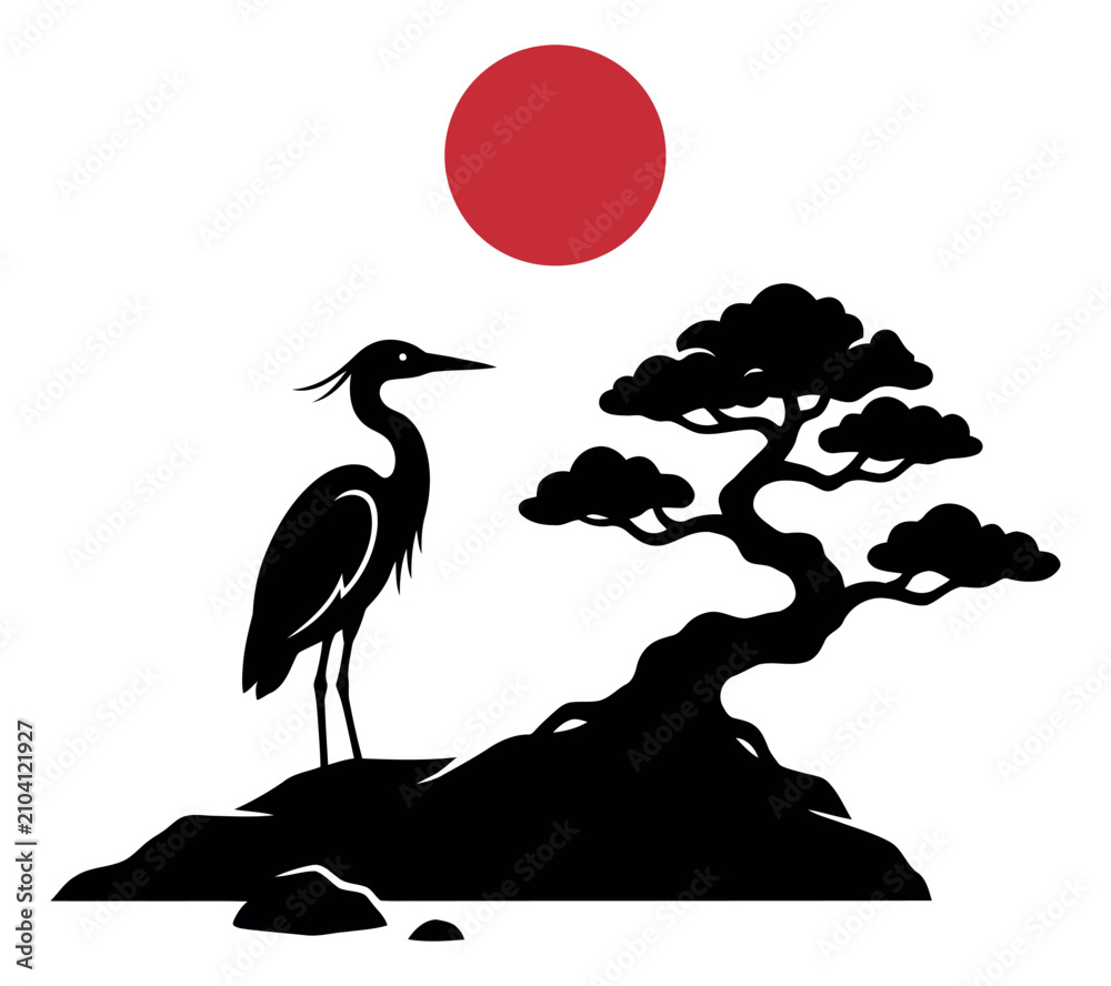 Obraz premium Silhouette illustration of Japanese crane and bonsai tree depicting tranquil zen scene for Asian inspired design
