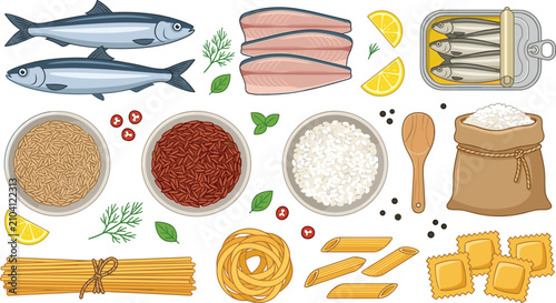 Fotografía Healthy Pantry Food Collection with Fish Fillets, Canned Sardines, Whole Grains,