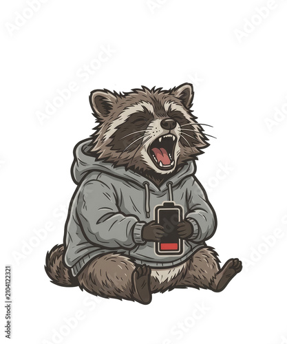 Cute sleepy raccoon wearing a hoodie and holding a low battery icon, isolated on transparent background. Funny cartoon mascot illustrating exhaustion, burnout, fatigue, and low energy.