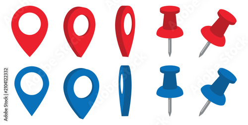 Flat icon set of map pins and push pins featuring red and blue location markers in multiple angles for navigation design