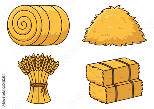Cartoon icon set of 4 farm harvest elements featuring round hay bale, haystack, wheat sheaf and rectangular straw bales for agricultural design