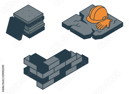 Isometric icon set of 3 construction elements featuring paving stones, cracked ground with safety gear and brick wall for building design