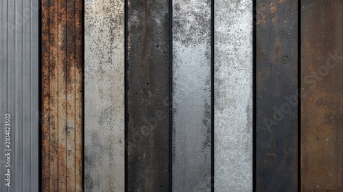 Close-up of various metal textures rusted, weathered, painted, and polished steel samples.