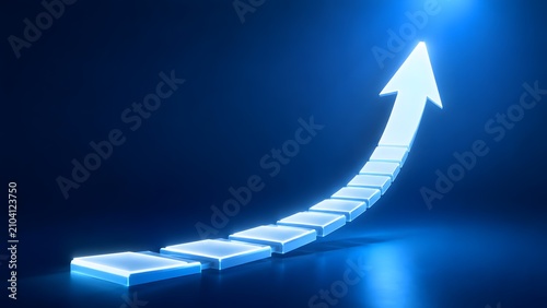Glowing bright blue steps forming an upward arrow representing business strategy financial growth and career progress success concept