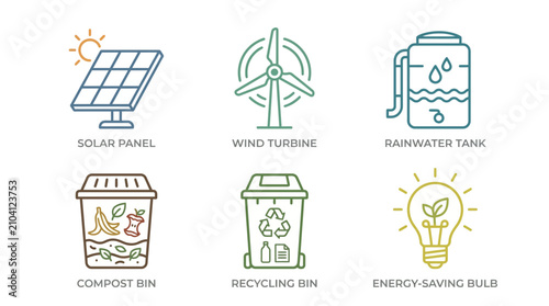 Eco friendly icons for renewable energy and sustainability.