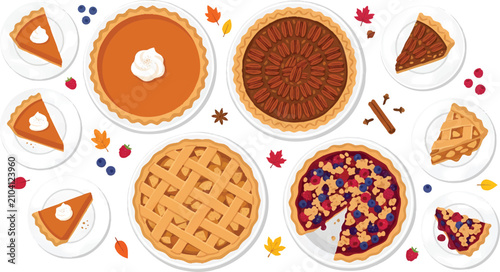 Fotografie Assorted Thanksgiving pies with golden crusts and autumn leaves