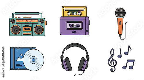 Set of retro music and vintage audio equipment icons