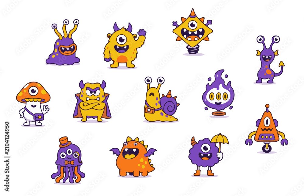 Obraz premium Cute cartoon alien monster and creature characters sticker set. Vector collection of funny purple and yellow emojis like mushroom monster, snail, octopus with hat, and fire flame on white background.⁠