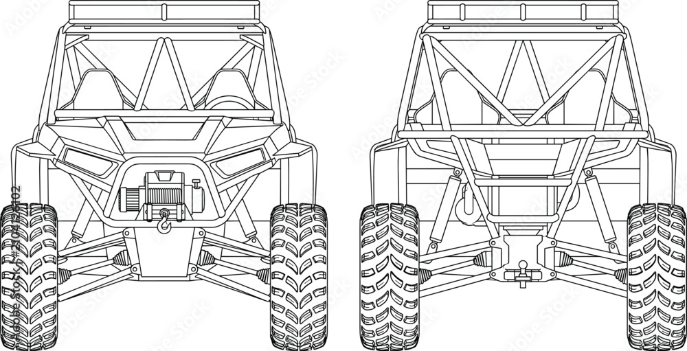 Fototapeta premium Off-road dune buggy tubular chassis blueprint technical drawing front and rear view in line art