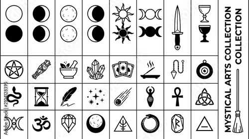 Mystical and esoteric vector icons silhouette set with moon phases, tarot, crystals, and occult symbols