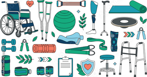 Bild auf Leinwand Physical therapy and medical rehabilitation equipment vector illustration set wi