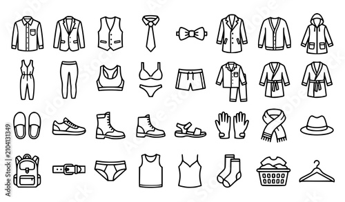 Men and women clothing outline icon collection with shirts, suits, sleepwear, footwear, bags and fashion accessories vector set