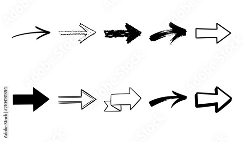 Black and white arrow vector set with hand drawn, brush stroke, chalk, ribbon and bold pointer styles collection