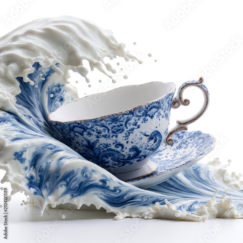 Elegant blue and white porcelain teacup with saucer splashing in milk. Vintage floral china cup isolated for product display and advertising.