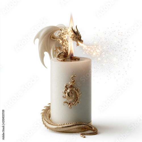 White candle with gold floral design and melting wax. Elegant decorative candle burning with dripping wax
