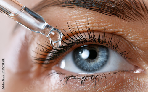 Close up blue eye dropper applying eye drop long eyelashes clear skin medical care hydration health vision macro detail