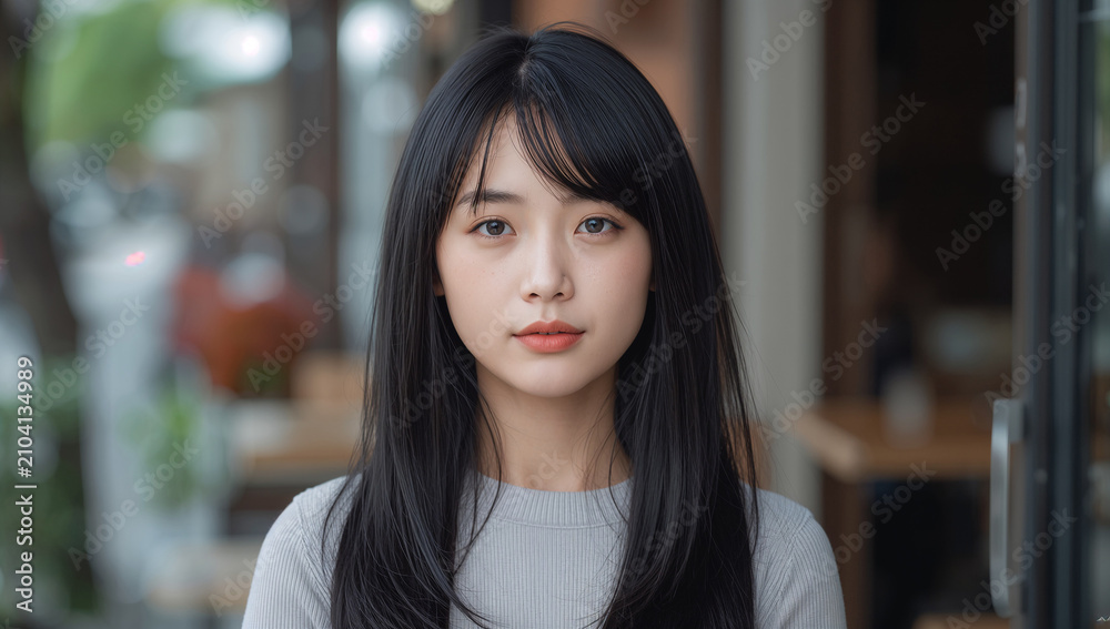 Fototapeta premium 黒髪ロングの日本人女性を自然光で写したポートレート