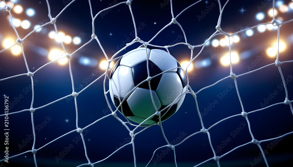 Naklejka premium A soccer ball is caught in a net, with stadium lights in the background