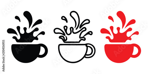 Coffee cup with dynamic liquid splash icon set for cafe branding