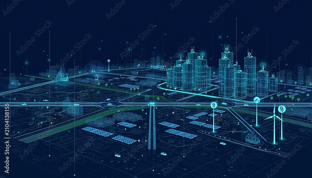 Fototapeta premium Digital Twin Smart City With Renewable Energy Network