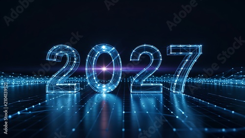 Futuristic digital 2027 year glowing neon numbers on dark abstract technological background with light particles and connections.