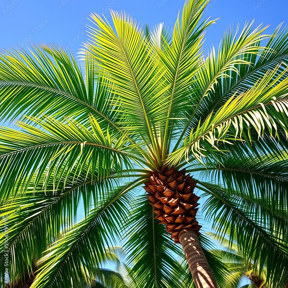Fototapeta premium Tropical palm tree with lush green leaves and trunk, natural beauty, nature