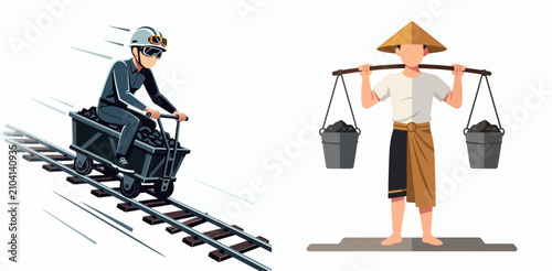 Coal miner transporting coal by rail and traditional laborer carrying coal