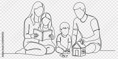 Canvas-taulu Single continuous line drawing of young mother reading book to daughter and father playing block puzzle house with son at home
