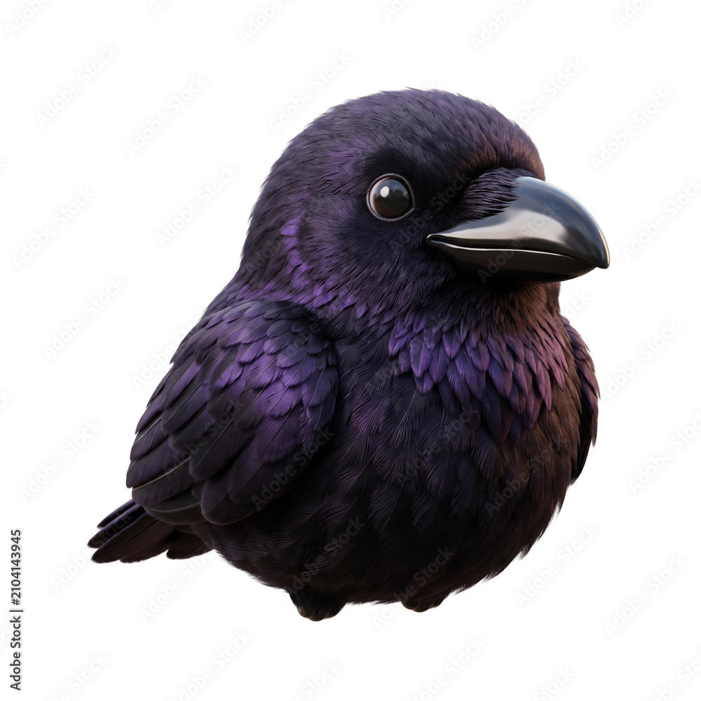 Fototapeta premium Cute 3d Raven Illustration with Purple Feathers Isolated