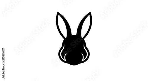 Black silhouette of a rabbit head with upright ears isolated on white background