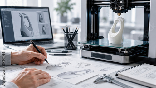 Obraz na płótnie Product Designer Creating Prototype with 3D Printer and CAD Modeling Software in Modern Workshop