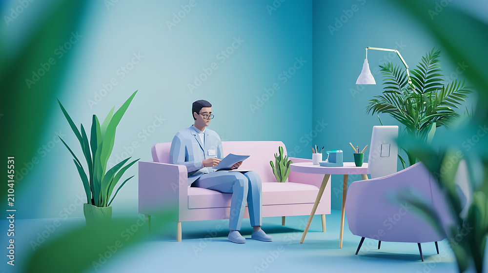 Fototapeta premium Professional Man Sitting on a Pink Sofa in a Modern Pastel Office Workspace Surrounded by Lush Green Indoor Plants