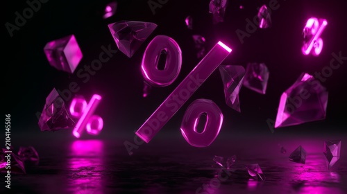 Floating Glass Percent Symbols on Neon Black Background