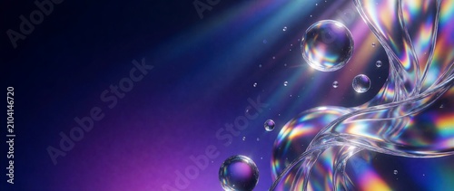Glowing bubbles float amid radiant light beams across a dark purple sky