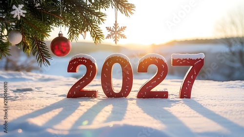 Happy new year 2027 text on snowy ground with pine tree branch and christmas ornaments celebration.