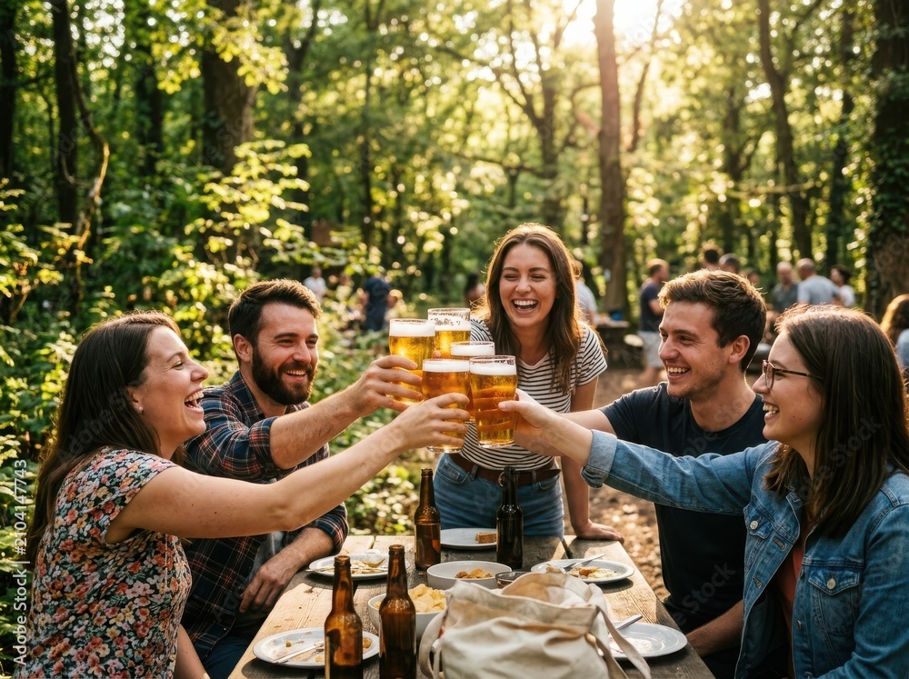 Fototapeta premium Happy friends toasting with beer glasses at an outdoor table in a sunny summer forest park during a festive picnic celebration