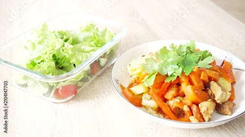 Homemade Potato Stew with Meat and Fresh Vegetable Salad Served as Complete Meal, 4K