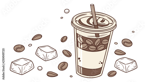 Konstfotografi Cold iced coffee drink featuring creamy milk and transparent cup with secure lid