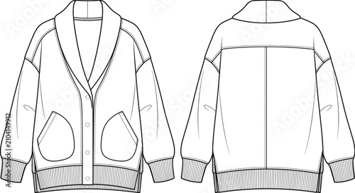 Photos Technical shawl collar oversized cardigan jacket fashion flat sketch snap button