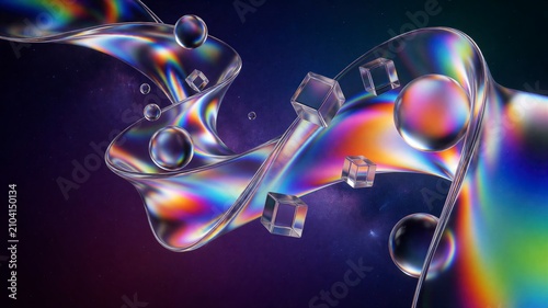 Rainbow-colored abstract stream with transparent cubes